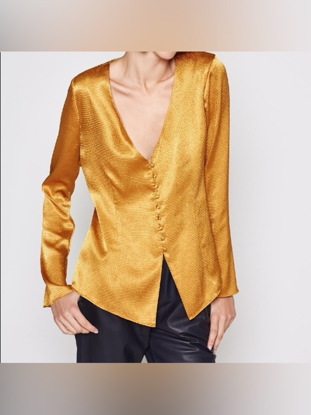 Joie Madora gold long sleeve button front satin blouse